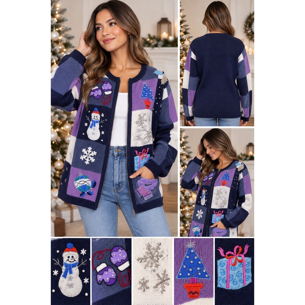 B.P. Design M Vintage Christmas Patchwork Cardigan Navy Purple Snowflake Beaded